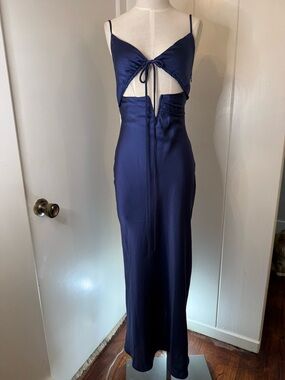 WHOOAM Navy Satin Cutout Maxi Dress with Tie Front Sz 6